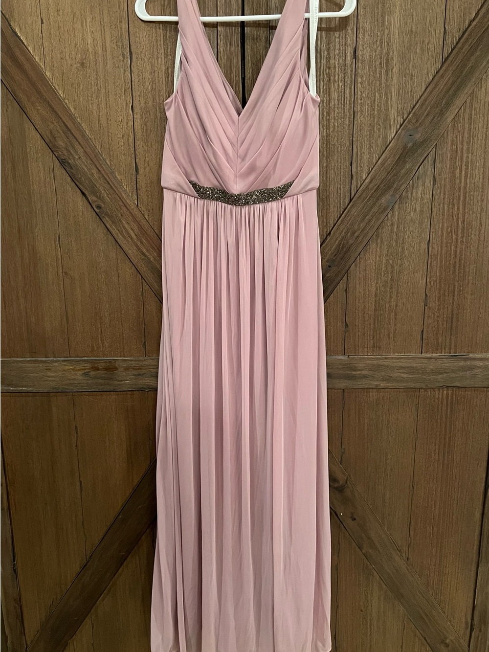 David's Bridal Dusty Rose V-Neck Pleated Maxi Dress with Beaded Waist